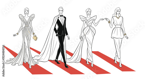 Fashionable people in elegant attire walking on a red carpet at a glamorous event