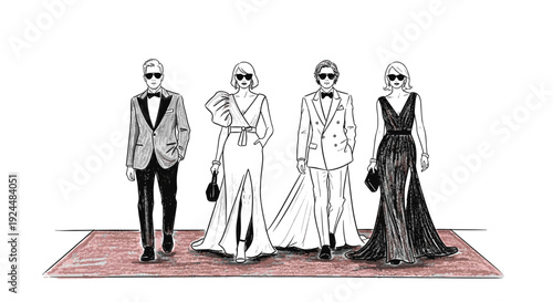 Stylish men and women in formal attire walking on a red carpet at a glamorous event