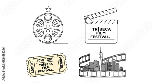 Tribeca Film Festival icons: film reel, clapperboard, ticket, and New York City skyline