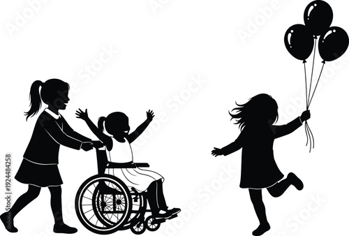 Silhouette of girls with one in wheelchair and balloons black children