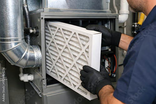 furnace, filter, air, hvac. A technician wearing black gloves is installing or replacing an air filter in an HVAC system.