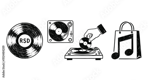 Hand drawn icons of vinyl records, turntables, and a music shopping bag