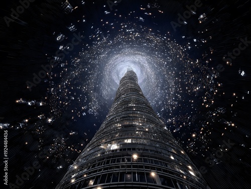 Sci-Fi Cityscape: A futuristic skyscraper pierces the night sky, surrounded by a swirling vortex of light and cosmic dust, evoking a sense of wonder and technological marvel.