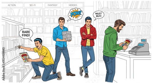 Men browsing and buying comic books in a store with categorized shelves
