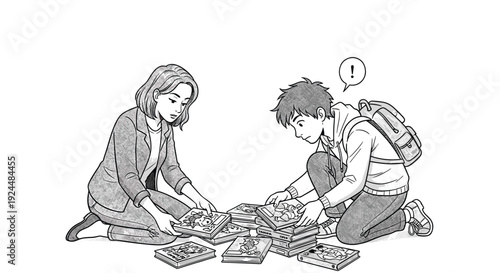Woman and boy sorting through a pile of books on the floor, illustration