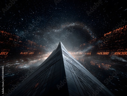 Futuristic Monolith in Galactic Expanse: A stark, angular monolith pierces the cosmic void, set against a backdrop of nebulae and distant star clusters.