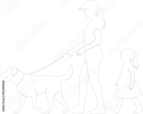 Woman walking dog with little girl leash