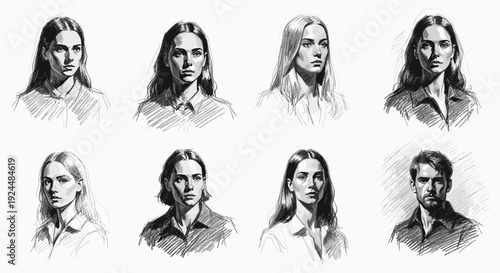 Collection of diverse portraits in a sketchy, monochromatic artistic style