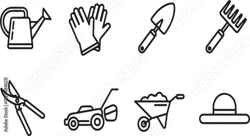 A collection of gardening tools and equipment for various outdoor tasks Vector