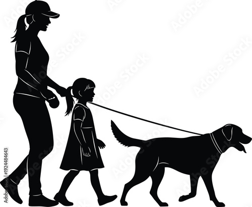 Woman walking girl and dog on leash