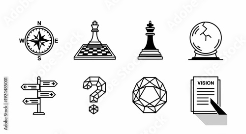 Strategic Business Concept Icons with Compass Chess Vision and Question Mark