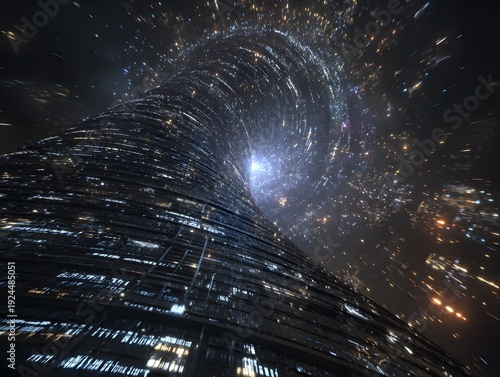 Cosmic Metropolis Vortex: An abstract, surreal view of a futuristic city spiraling into a vortex of light and energy, depicting a hyper-urbanized world beyond imagination.