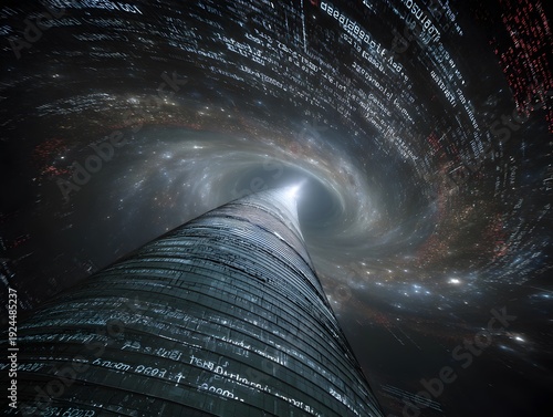 Digital vortex of data and technology. An abstract representation of a futuristic data stream or wormhole, filled with glowing code and digital constellations.
