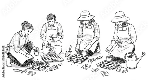 Diverse group of people planting seedlings and seeds in trays for gardening
