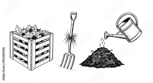 Composting process with wooden bin, pitchfork, and watering can with worms in soil