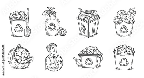 Collection of hand-drawn icons representing food waste and recycling in various containers