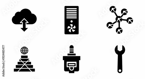 Technology and It Infrastructure Icons Set Cloud Server Network Data and Tool Black Glyphs