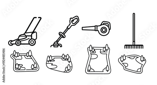 Collection of garden maintenance tools and landscaping elements in a simple line art style