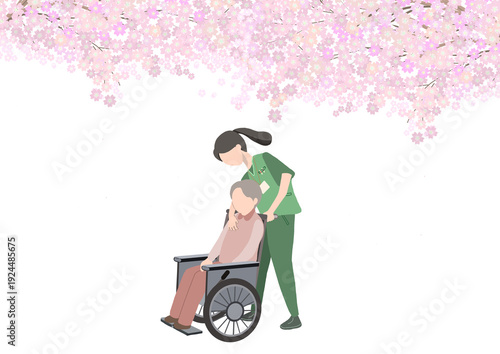 満開の桜の木の下を車椅子を押す顔がない介護士と老人が歩いているカラーイラスト
