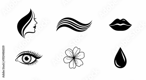Elegant Black Vector Beauty and Cosmetic Icons Set Featuring Woman Profile Eye Lips and Floral Elements