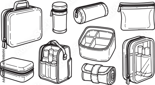 A variety of bags and containers for travel and storage purposes Vector