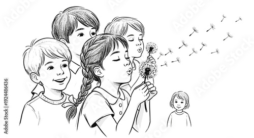 Children blowing dandelion seeds into the wind, a moment of childhood joy and wonder