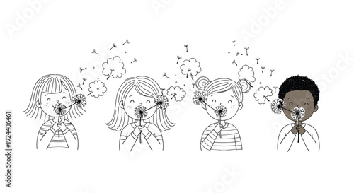 Diverse group of children blowing dandelions, spreading seeds and wishes in a whimsical illustration