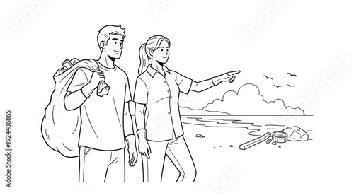 Volunteers cleaning up a beach, carrying a bag of trash and pointing towards the ocean