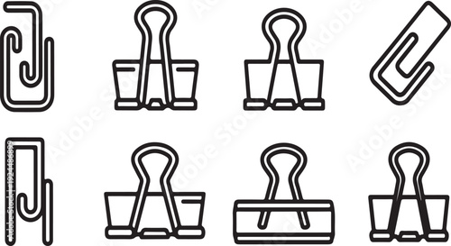 Various types of paper clips and binding devices in a simple line art style Vector