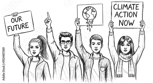 Young activists protest for climate action, holding signs about future and global warming