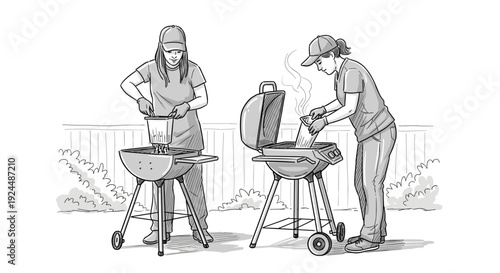 Two women preparing charcoal for grilling in a backyard setting
