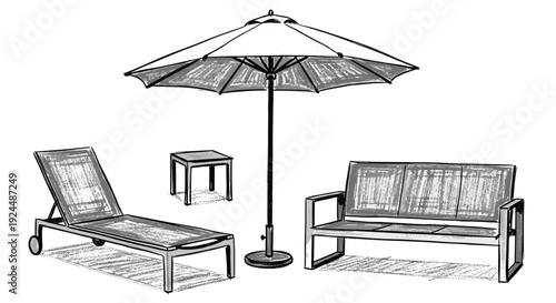 Hand-drawn sketch of outdoor patio furniture including a chaise lounge, bench, and umbrella