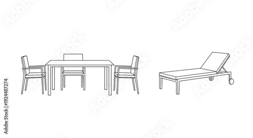 Modern outdoor furniture set with dining chairs and a chaise lounge, line art