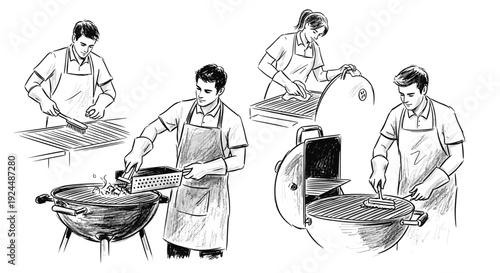 Illustrations show people cleaning and preparing barbecue grills for cooking delicious food