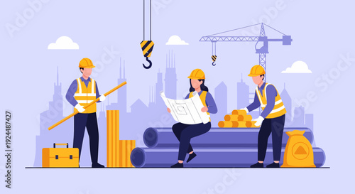 Construction workers collaborating on a project at a construction site with cranes and building materials