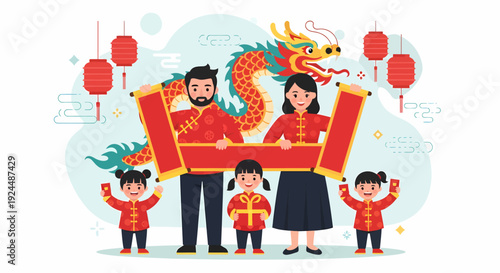 A family in traditional attire celebrates a cultural event together with a dragon float
