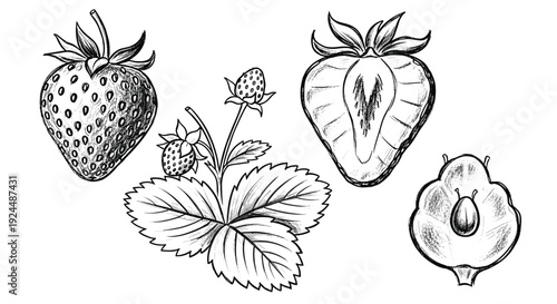 Hand-drawn sketch of strawberries, showing whole fruit, plant, and cross-sections for detail