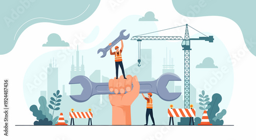 Construction workers on giant wrenches against cityscape with crane and barriers in illustration style