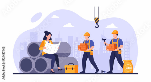 Construction workers collaborating on a project with industrial equipment and cityscape in the background from a frontal viewpoint