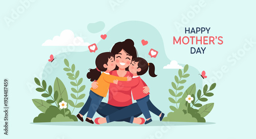 Heartfelt Mother's Day celebration with children embracing their loving mother surrounded by lush greenery and vibrant flowers