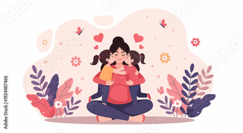 A young girl sits cross-legged embracing another person surrounded by floral elements and hearts from a front viewpoint
