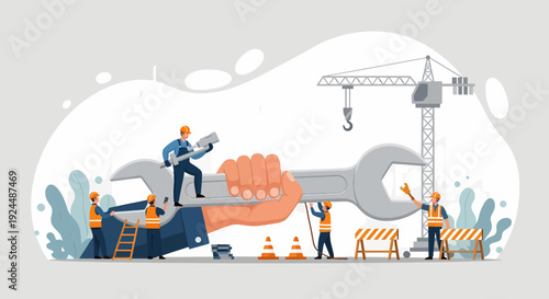 Workers assembling a large gear with construction equipment and machinery on an industrial site viewed from above