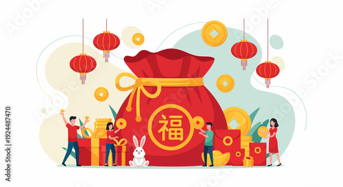 Celebrating Lunar New Year with Prosperity and Joy, People Gather around a Large Red Envelope Surrounded by Lanterns and Gold Coins in a Vibrant Illustration