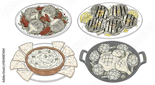 Artichoke dishes and dip with pita bread, a culinary illustration