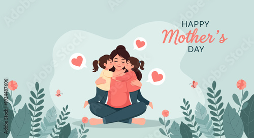 A mother and daughter sharing a tender moment surrounded by flowers and hearts on mother's day
