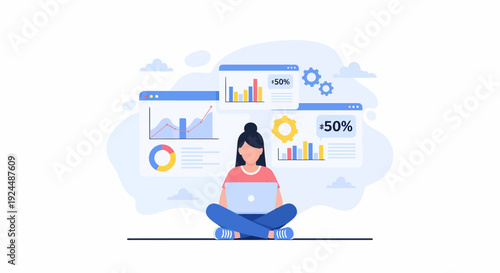 Woman analyzing data on laptop surrounded by digital graphs and charts in a serene environment from a frontal viewpoint