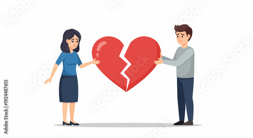 Couple holding broken heart together, symbolizing heartbreak and separation in a simple illustration