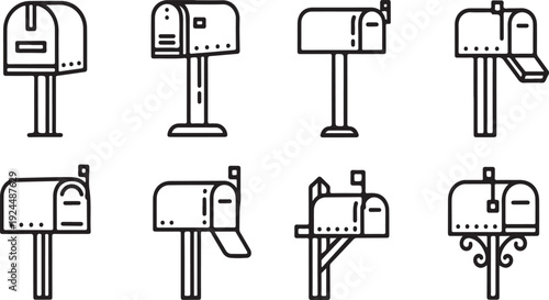 A collection of eight different types of mailboxes in a row Vector