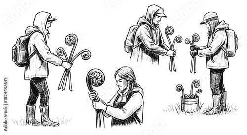 People collecting and examining fiddlehead ferns in a natural outdoor setting
