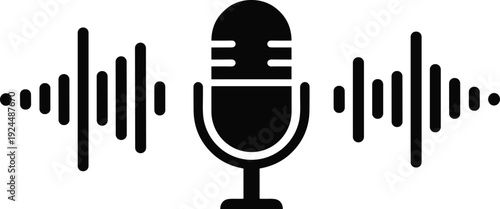 Microphone with sound wave icon in black silhouette style, audio recording and podcast broadcast symbol isolated on white background